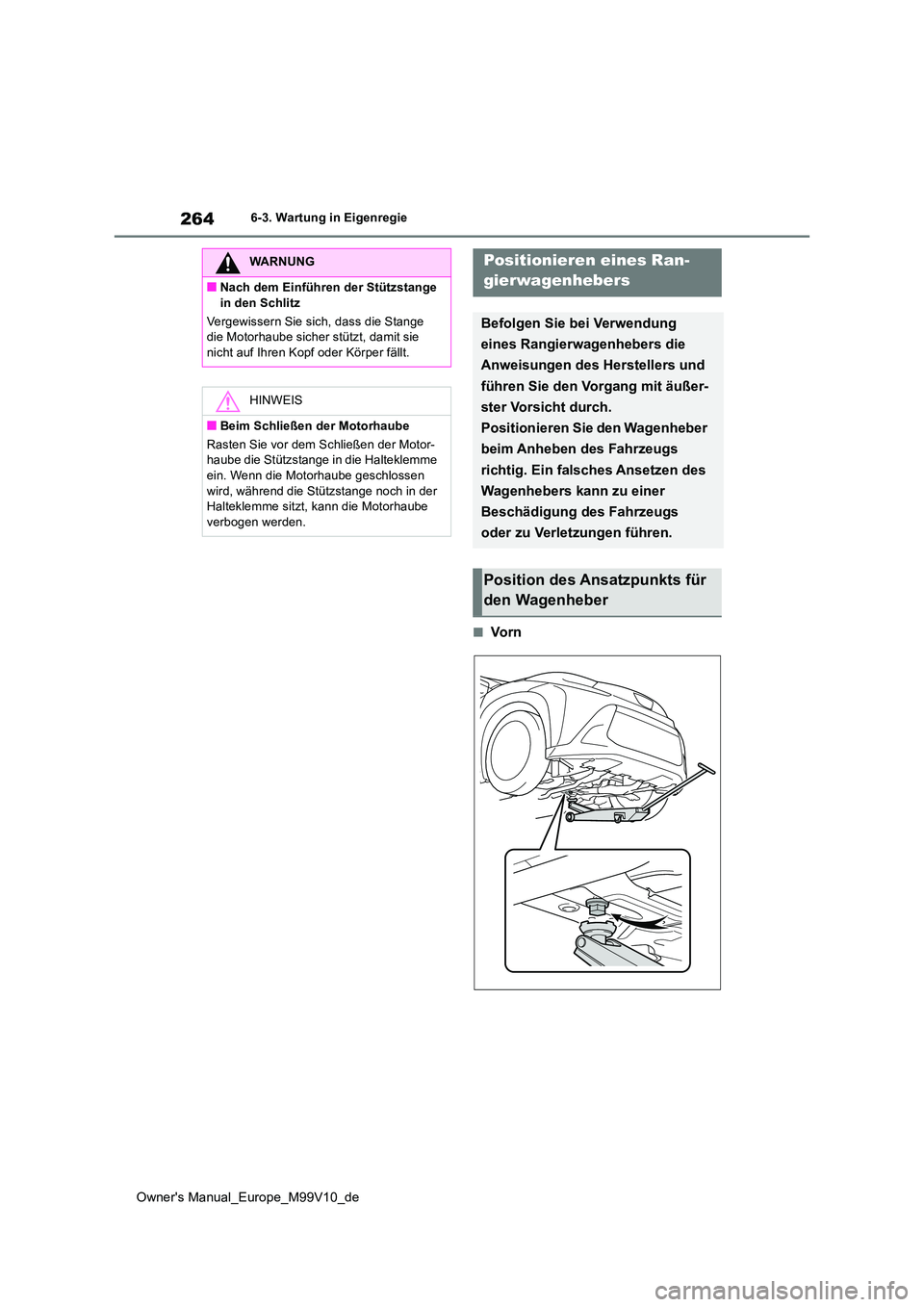TOYOTA AYGO X 2022  Betriebsanleitungen (in German) 264
Owner's Manual_Europe_M99V10_de
6-3. Wartung in Eigenregie
■Vo r n
WARNUNG
■Nach dem Einführen der Stützstange  
in den Schlitz 
Vergewissern Sie sich, dass die Stange  die Motorhaube si