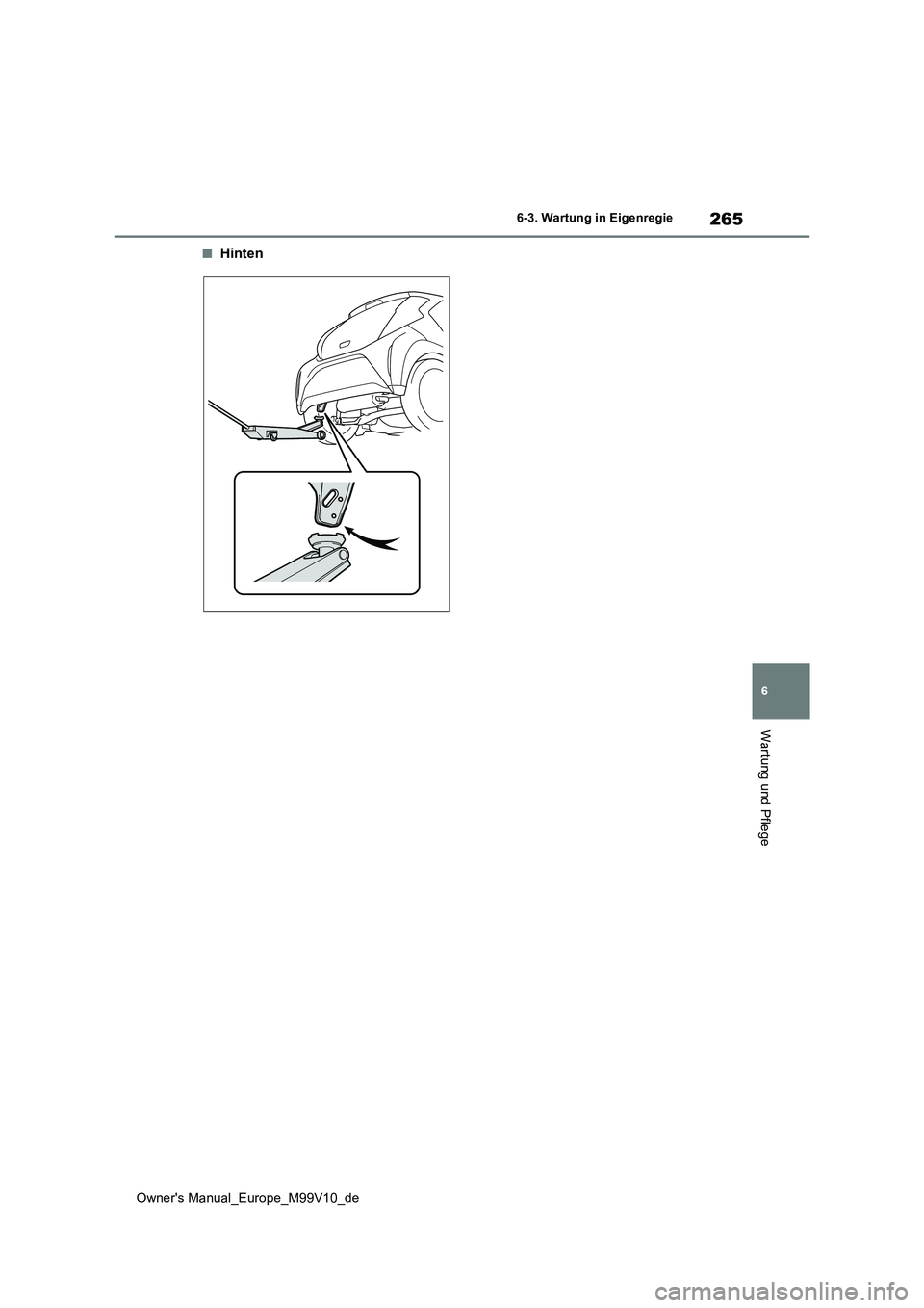 TOYOTA AYGO X 2022  Betriebsanleitungen (in German) 265
6
Owner's Manual_Europe_M99V10_de
6-3. Wartung in Eigenregie
Wartung und Pflege
■Hinten 