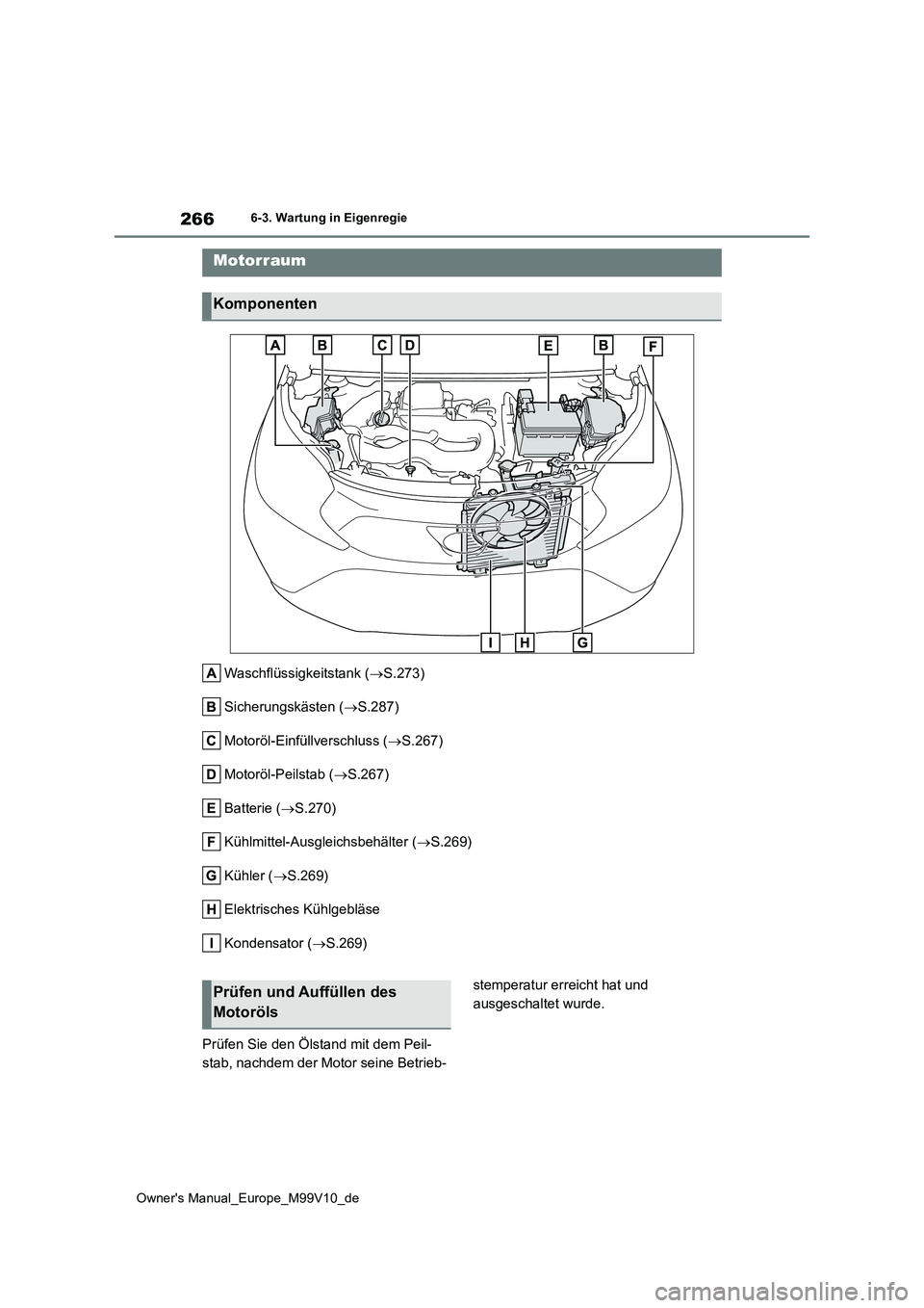 TOYOTA AYGO X 2022  Betriebsanleitungen (in German) 266
Owner's Manual_Europe_M99V10_de
6-3. Wartung in Eigenregie
Waschflüssigkeitstank (S.273) 
Sicherungskästen ( S.287) 
Motoröl-Einfüllverschluss ( S.267) 
Motoröl-Peilstab ( S.2