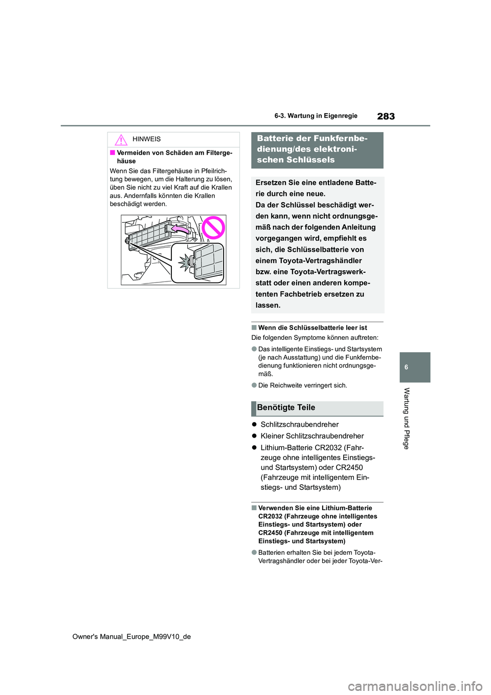 TOYOTA AYGO X 2022 Betriebsanleitungen (in German) 283
6
Owner's Manual_Europe_M99V10_de
6-3. Wartung in Eigenregie
Wartung und Pflege
■Wenn die Schlüsselbatterie leer ist
Die folgenden Symptome können auftreten:
●Das intelligente Einstiegs TOYOTA AYGO X 2022 Betriebsanleitungen (in German) 283
6
Owner's Manual_Europe_M99V10_de
6-3. Wartung in Eigenregie
Wartung und Pflege
■Wenn die Schlüsselbatterie leer ist
Die folgenden Symptome können auftreten:
●Das intelligente Einstiegs