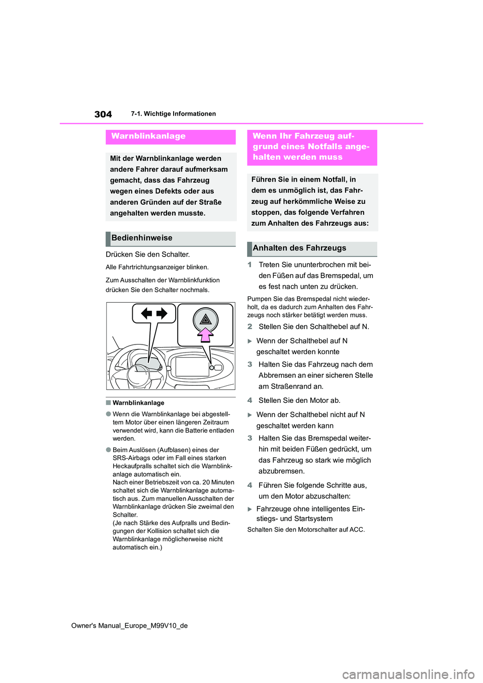 TOYOTA AYGO X 2022 Betriebsanleitungen (in German) 304
Owner's Manual_Europe_M99V10_de
7-1. Wichtige Informationen
7-1.Wichtige In formatione n
Drücken Sie den Schalter.
Alle Fahrtrichtungsanzeiger blinken.
Zum Ausschalten der Warnblinkfunktion TOYOTA AYGO X 2022 Betriebsanleitungen (in German) 304
Owner's Manual_Europe_M99V10_de
7-1. Wichtige Informationen
7-1.Wichtige In formatione n
Drücken Sie den Schalter.
Alle Fahrtrichtungsanzeiger blinken.
Zum Ausschalten der Warnblinkfunktion