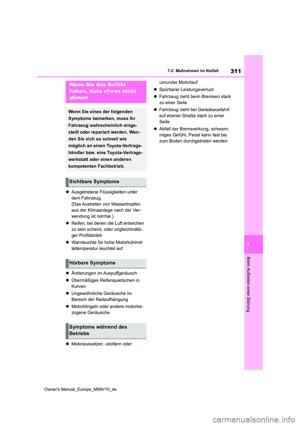 TOYOTA AYGO X 2022 Betriebsanleitungen (in German) 311
7
Owner's Manual_Europe_M99V10_de
7-2. Maßnahmen im Notfall
Beim Auftreten einer Störung
Ausgetretene Flüssigkeiten unter
dem Fahrzeug.
(Das Austreten von Wassertropfen
aus der Klimaa TOYOTA AYGO X 2022 Betriebsanleitungen (in German) 311
7
Owner's Manual_Europe_M99V10_de
7-2. Maßnahmen im Notfall
Beim Auftreten einer Störung
Ausgetretene Flüssigkeiten unter
dem Fahrzeug.
(Das Austreten von Wassertropfen
aus der Klimaa