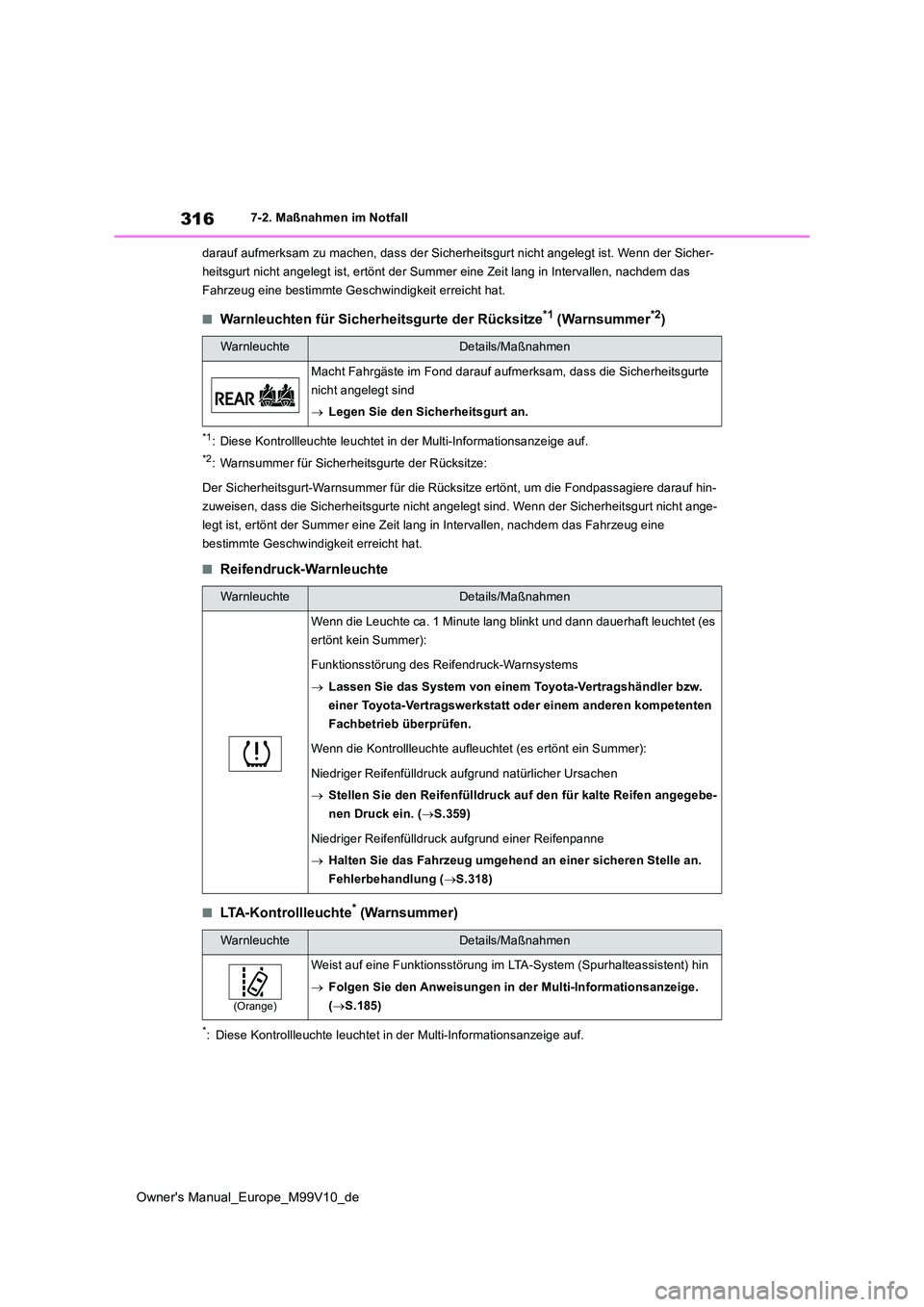 TOYOTA AYGO X 2022 Betriebsanleitungen (in German) 316
Owner's Manual_Europe_M99V10_de
7-2. Maßnahmen im Notfall
darauf aufmerksam zu machen, da ss der Sicherheitsgurt nicht angelegt ist. Wenn der Sicher-
heitsgurt nicht angelegt ist, ertönt d TOYOTA AYGO X 2022 Betriebsanleitungen (in German) 316
Owner's Manual_Europe_M99V10_de
7-2. Maßnahmen im Notfall
darauf aufmerksam zu machen, da ss der Sicherheitsgurt nicht angelegt ist. Wenn der Sicher-
heitsgurt nicht angelegt ist, ertönt d