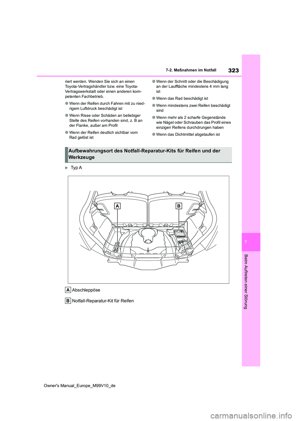 TOYOTA AYGO X 2022  Betriebsanleitungen (in German) 323
7
Owner's Manual_Europe_M99V10_de
7-2. Maßnahmen im Notfall
Beim Auftreten einer Störung
riert werden. Wenden Sie sich an einen  Toyota-Vertragshändler bzw. eine Toyota-Vertragswerkstatt od
