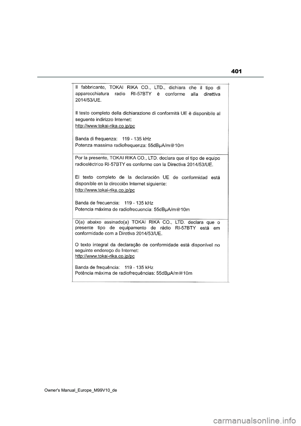 TOYOTA AYGO X 2022  Betriebsanleitungen (in German) 401
Owner's Manual_Europe_M99V10_de 