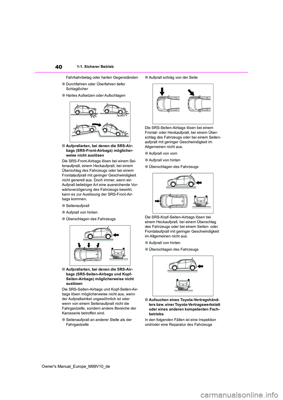 TOYOTA AYGO X 2022 Betriebsanleitungen (in German) 40
Owner's Manual_Europe_M99V10_de
1-1. Sicherer Betrieb
Fahrbahnbelag oder harten Gegenständen
●Durchfahren oder Überfahren tiefer
Schlaglöcher
●Hartes Aufsetzen oder Aufschlagen
■Auf TOYOTA AYGO X 2022 Betriebsanleitungen (in German) 40
Owner's Manual_Europe_M99V10_de
1-1. Sicherer Betrieb
Fahrbahnbelag oder harten Gegenständen
●Durchfahren oder Überfahren tiefer
Schlaglöcher
●Hartes Aufsetzen oder Aufschlagen
■Auf