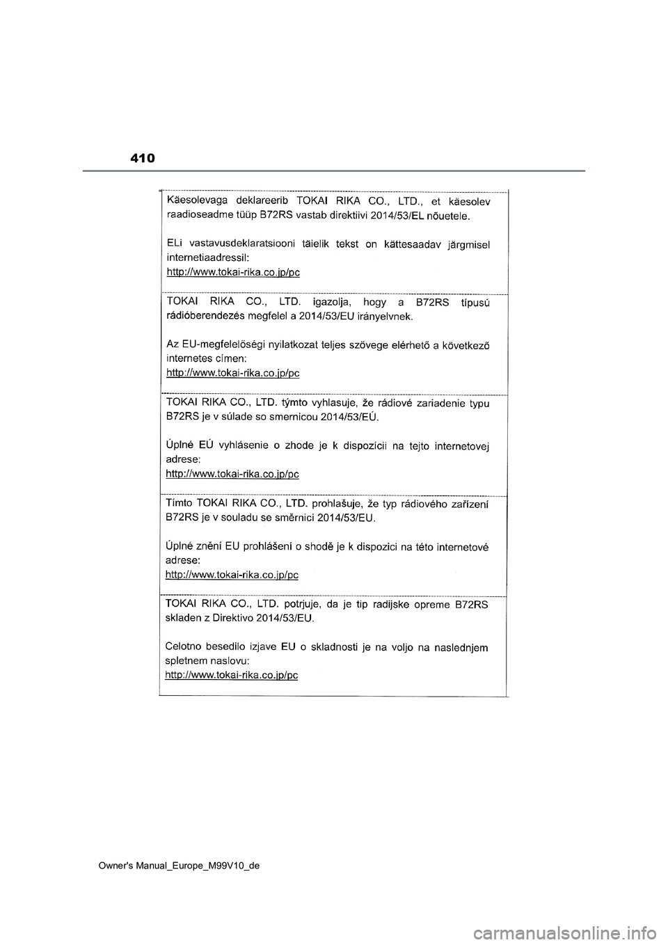 TOYOTA AYGO X 2022  Betriebsanleitungen (in German) 410
Owner's Manual_Europe_M99V10_de 