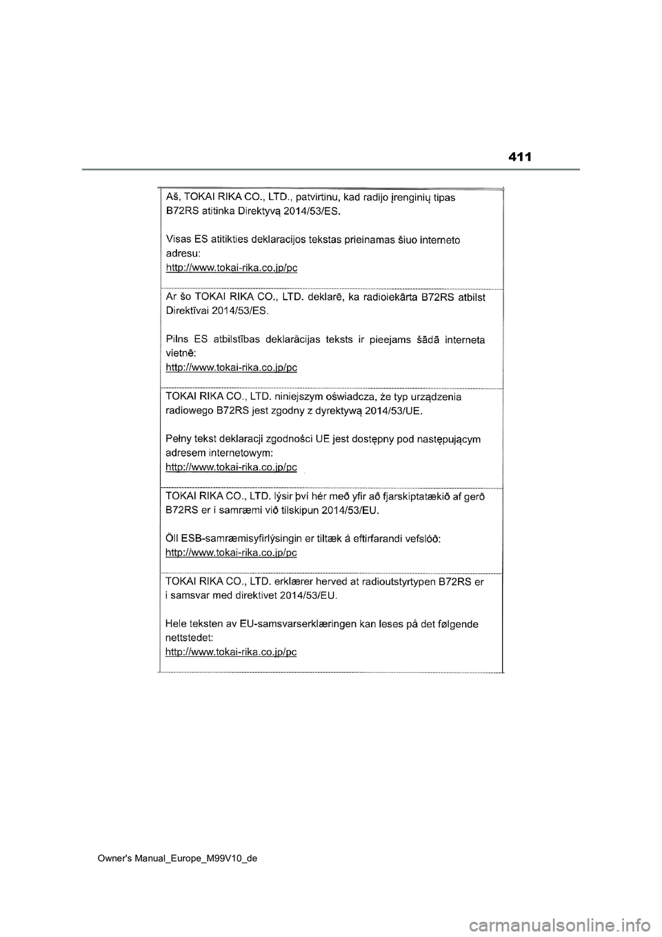 TOYOTA AYGO X 2022  Betriebsanleitungen (in German) 411
Owner's Manual_Europe_M99V10_de 