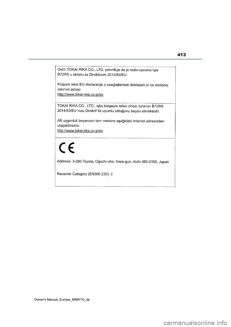 TOYOTA AYGO X 2022  Betriebsanleitungen (in German) 413
Owner's Manual_Europe_M99V10_de 