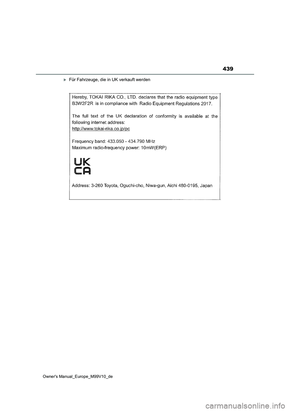 TOYOTA AYGO X 2022  Betriebsanleitungen (in German) 439
Owner's Manual_Europe_M99V10_de
Für Fahrzeuge, die in UK verkauft werden 