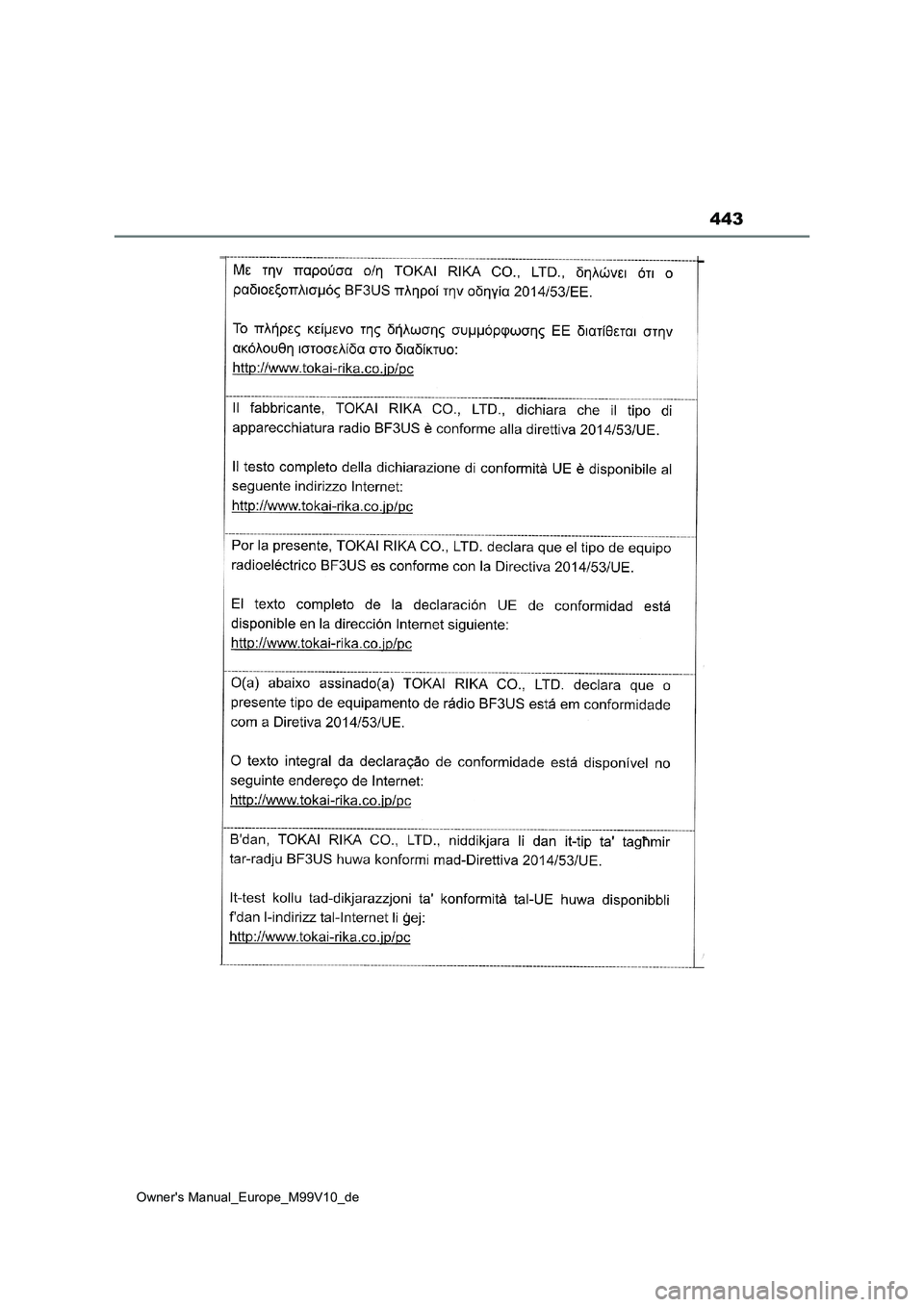 TOYOTA AYGO X 2022  Betriebsanleitungen (in German) 443
Owner's Manual_Europe_M99V10_de 