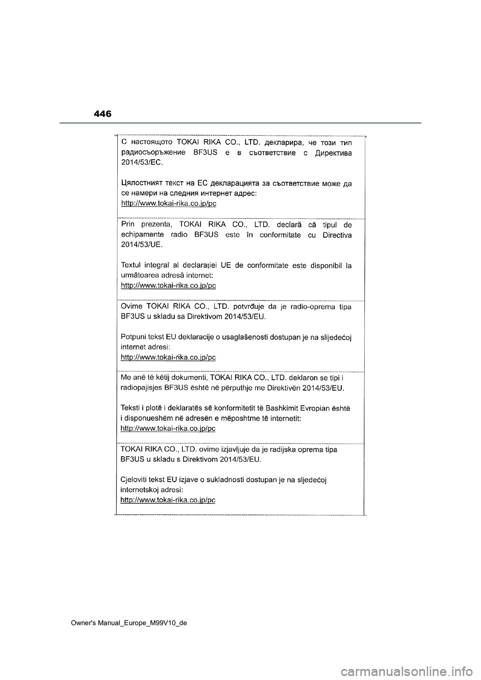 TOYOTA AYGO X 2022  Betriebsanleitungen (in German) 446
Owner's Manual_Europe_M99V10_de 