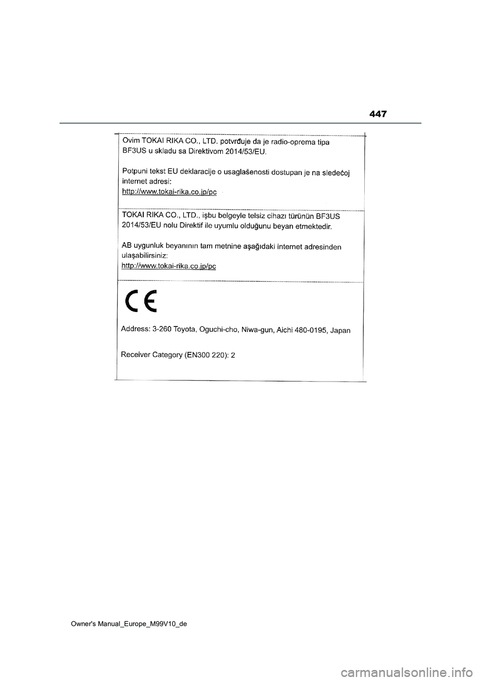 TOYOTA AYGO X 2022  Betriebsanleitungen (in German) 447
Owner's Manual_Europe_M99V10_de 