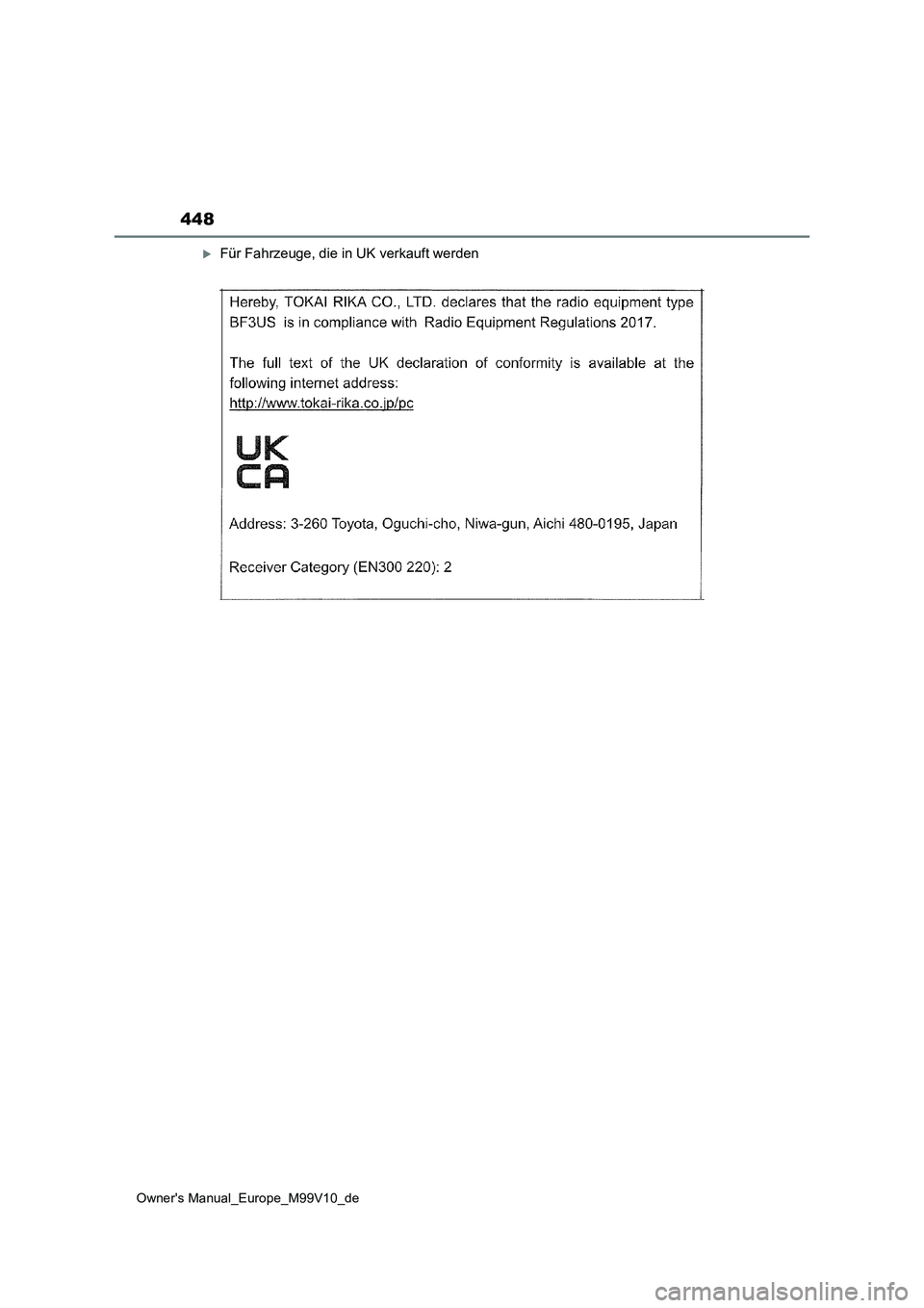 TOYOTA AYGO X 2022  Betriebsanleitungen (in German) 448
Owner's Manual_Europe_M99V10_de
Für Fahrzeuge, die in UK verkauft werden 