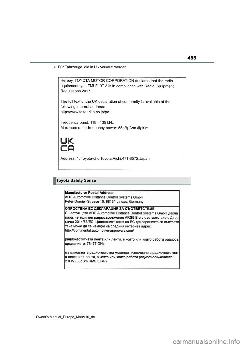 TOYOTA AYGO X 2022  Betriebsanleitungen (in German) 485
Owner's Manual_Europe_M99V10_de
Für Fahrzeuge, die in UK verkauft werden
Toyota Safety Sense 
