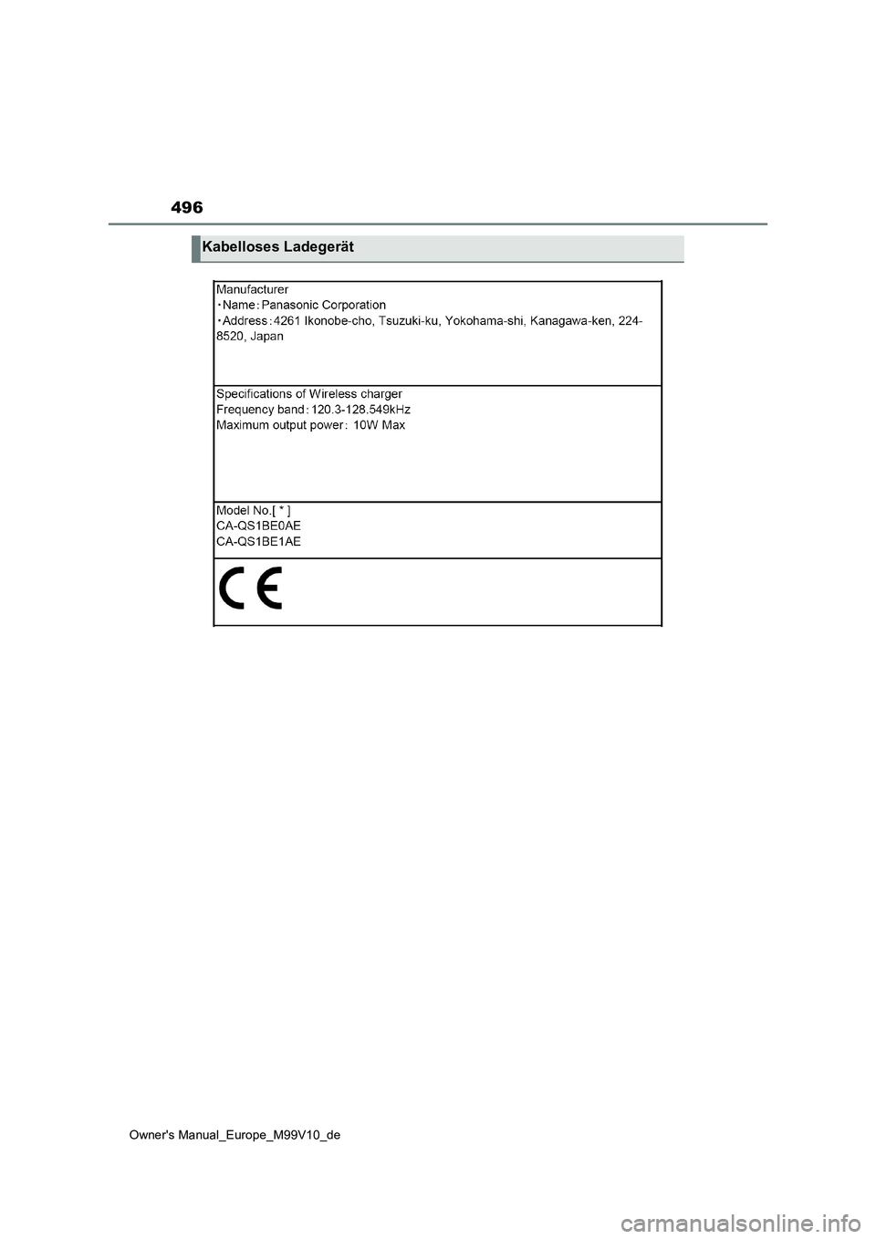 TOYOTA AYGO X 2022  Betriebsanleitungen (in German) 496
Owner's Manual_Europe_M99V10_de
Kabelloses Ladegerät 