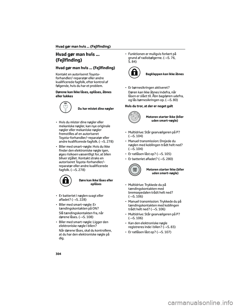 TOYOTA AYGO X 2022  Brugsanvisning (in Danish) Hvad gør man hvis ...
(Fejlfinding)
Hvad gør man hvis ... (Fejlfinding)
Kontakt en autoriseret Toyota-
forhandler/-reparatør eller andre
kvalificerede fagfolk, efter kontrol af
følgende, hvis du h