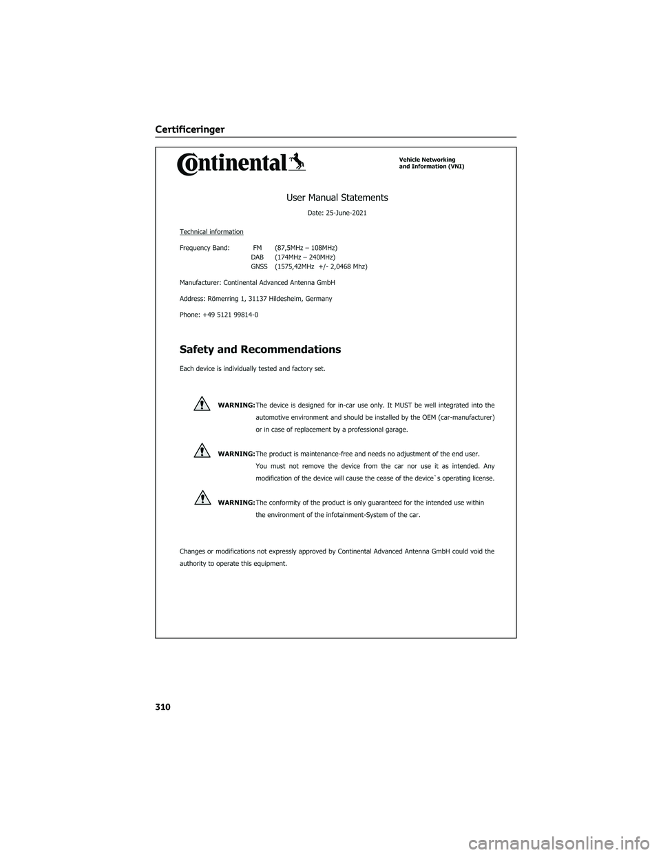 TOYOTA AYGO X 2022  Brugsanvisning (in Danish) Certificeringer
310 
