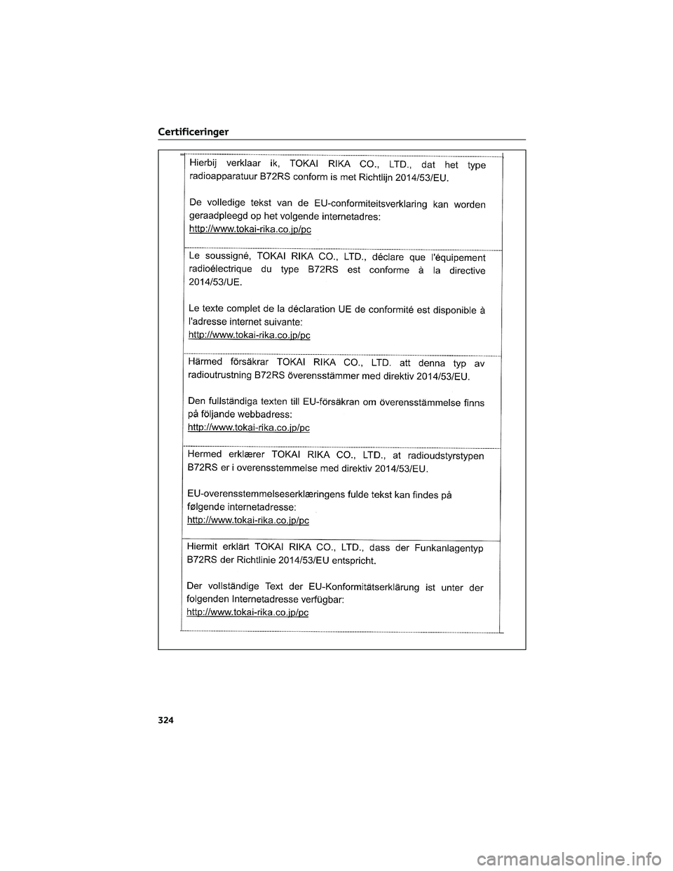TOYOTA AYGO X 2022  Brugsanvisning (in Danish) Certificeringer
324 