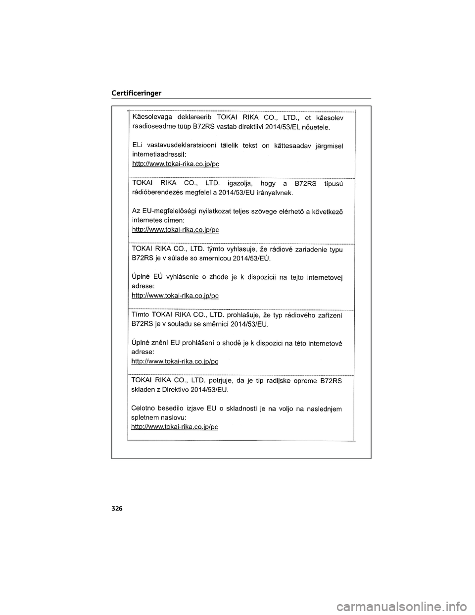 TOYOTA AYGO X 2022  Brugsanvisning (in Danish) Certificeringer
326 