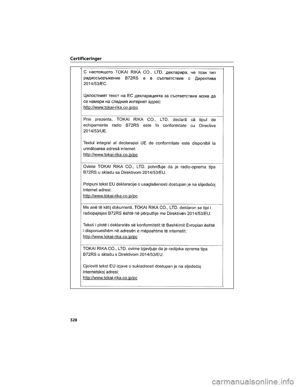 TOYOTA AYGO X 2022  Brugsanvisning (in Danish) Certificeringer
328 