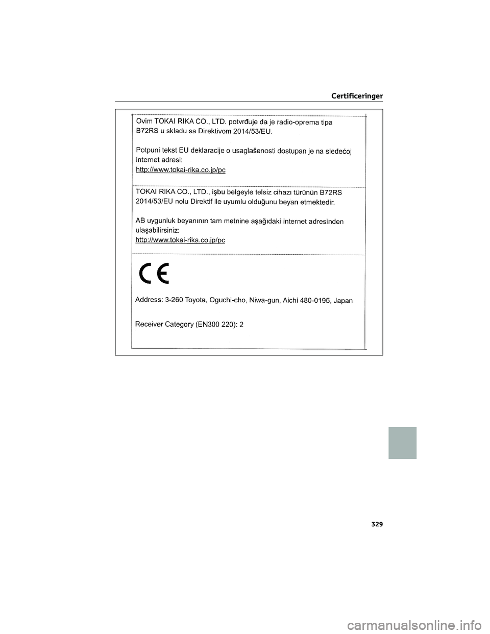 TOYOTA AYGO X 2022  Brugsanvisning (in Danish) Certificeringer
329 