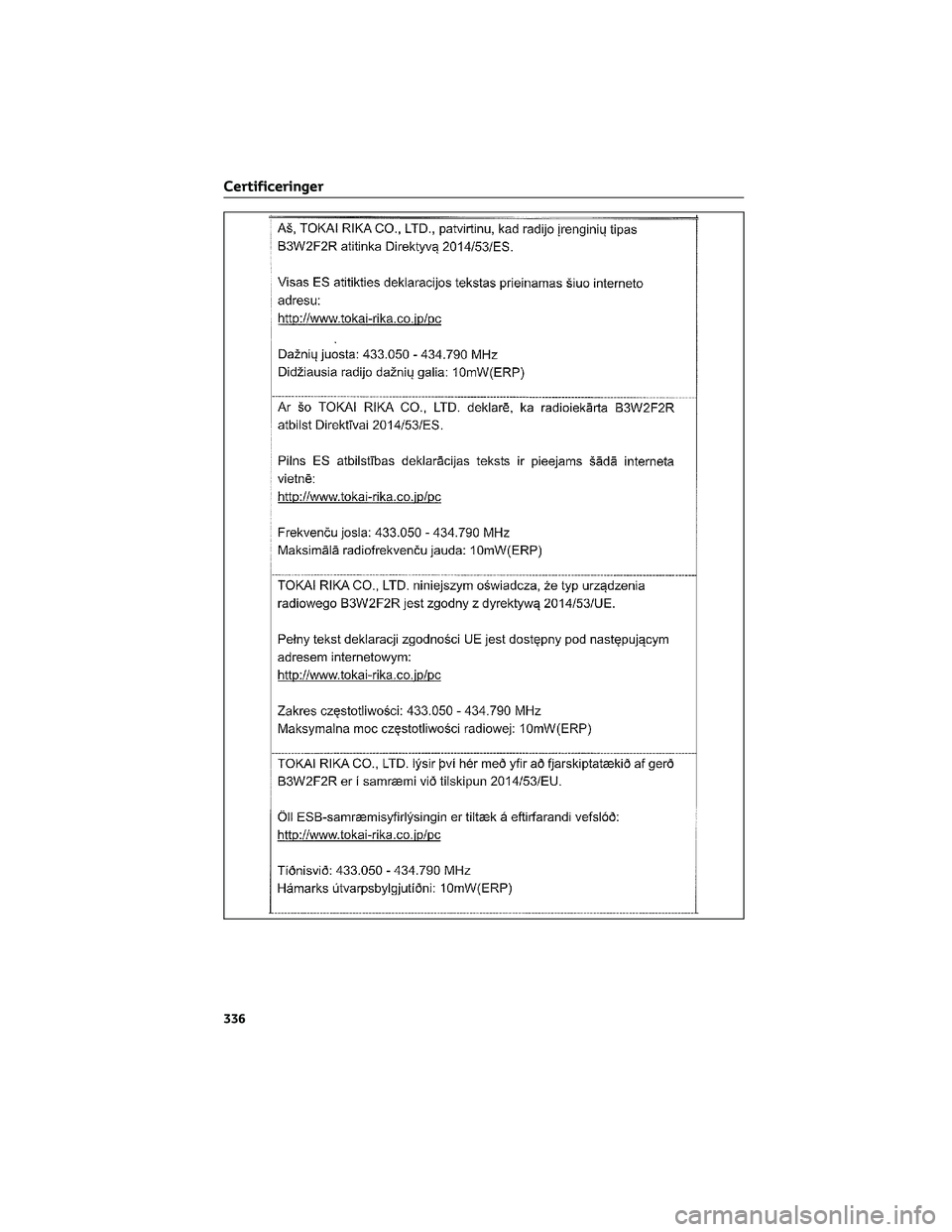 TOYOTA AYGO X 2022  Brugsanvisning (in Danish) Certificeringer
336 