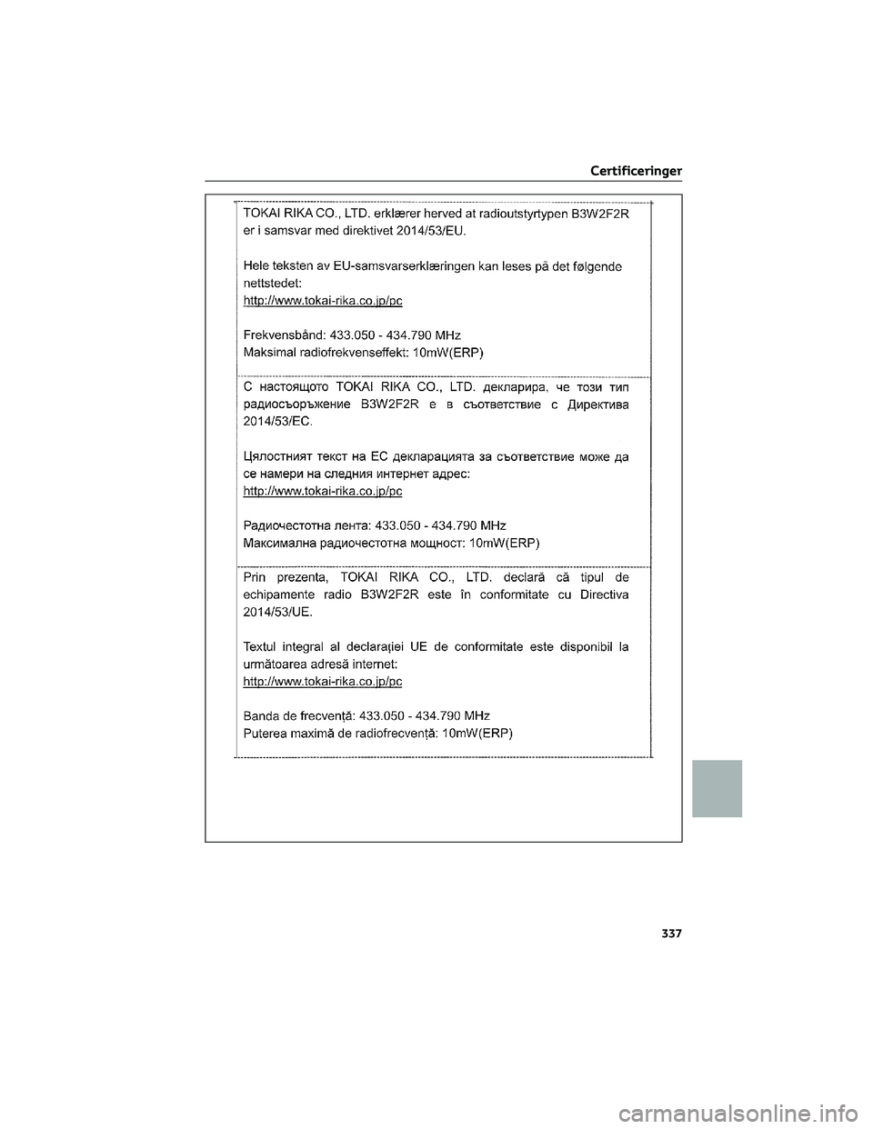 TOYOTA AYGO X 2022  Brugsanvisning (in Danish) Certificeringer
337 