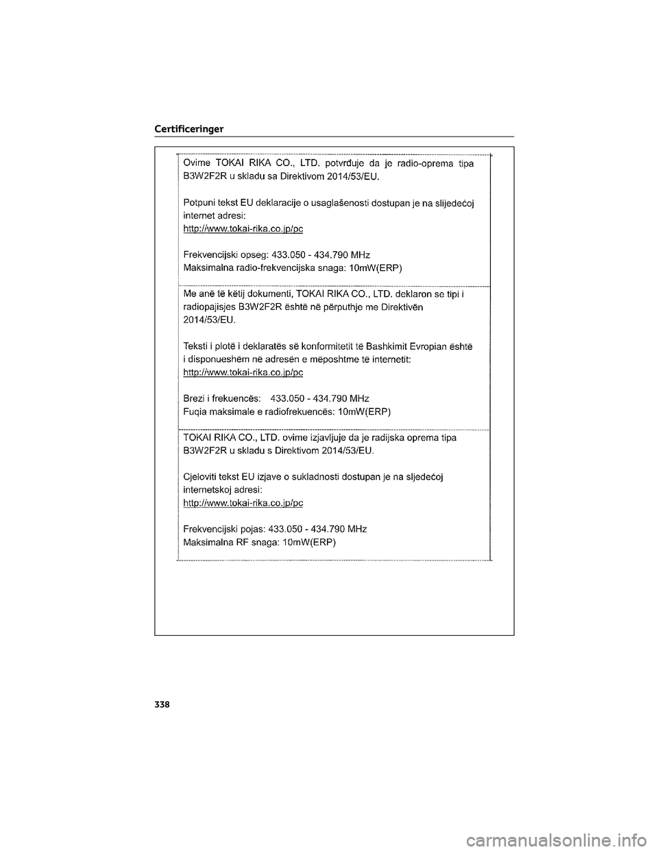 TOYOTA AYGO X 2022  Brugsanvisning (in Danish) Certificeringer
338 