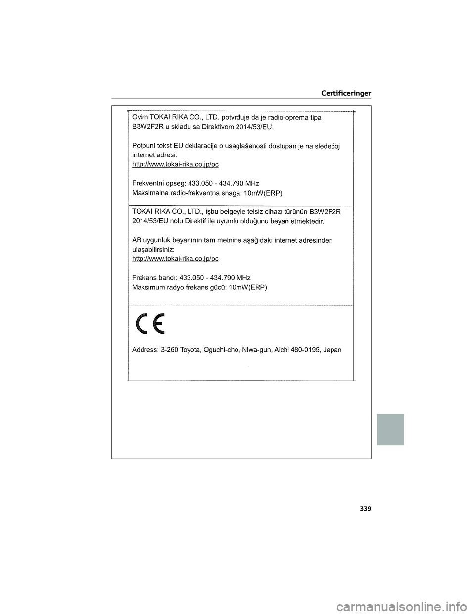 TOYOTA AYGO X 2022  Brugsanvisning (in Danish) Certificeringer
339 