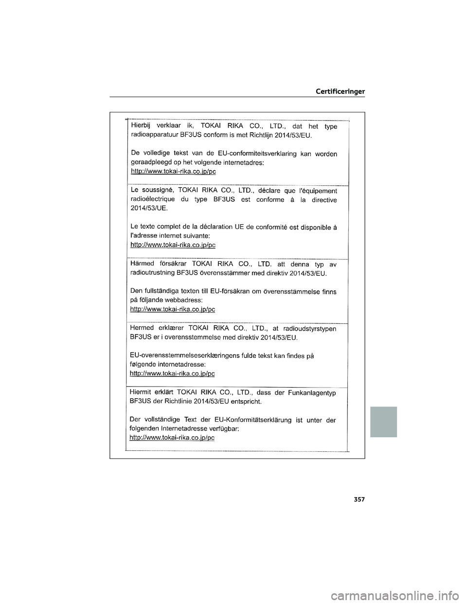 TOYOTA AYGO X 2022  Brugsanvisning (in Danish) Certificeringer
357 