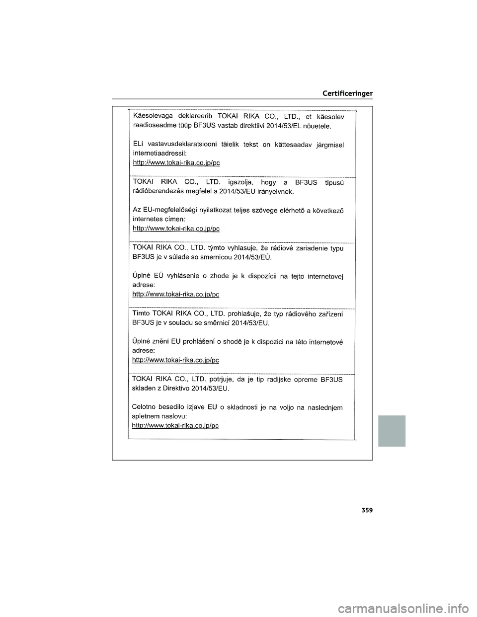 TOYOTA AYGO X 2022  Brugsanvisning (in Danish) Certificeringer
359 