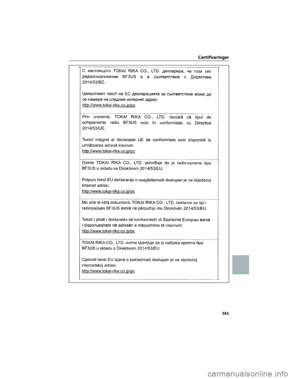 TOYOTA AYGO X 2022  Brugsanvisning (in Danish) Certificeringer
361 