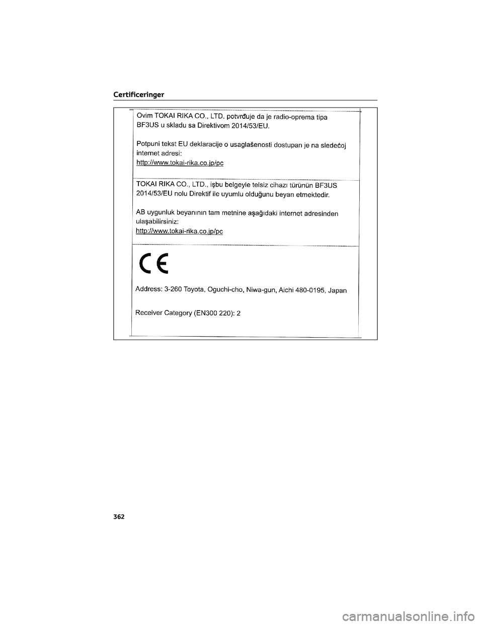 TOYOTA AYGO X 2022  Brugsanvisning (in Danish) Certificeringer
362 