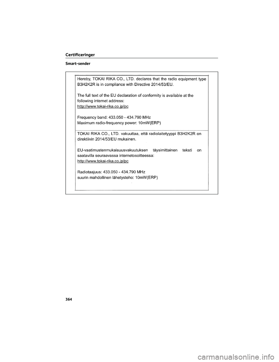 TOYOTA AYGO X 2022  Brugsanvisning (in Danish) Smart-sender
Certificeringer
364 