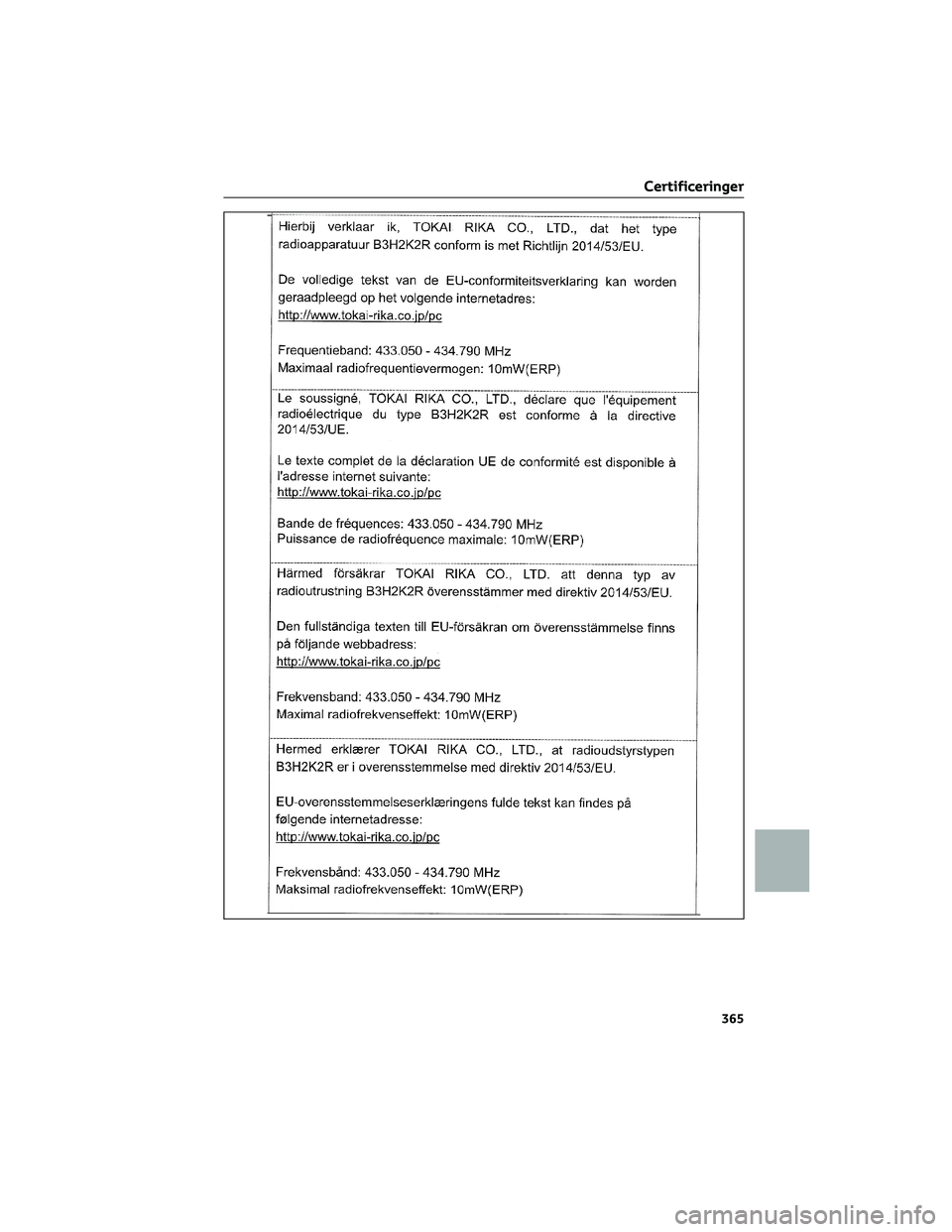TOYOTA AYGO X 2022  Brugsanvisning (in Danish) Certificeringer
365 