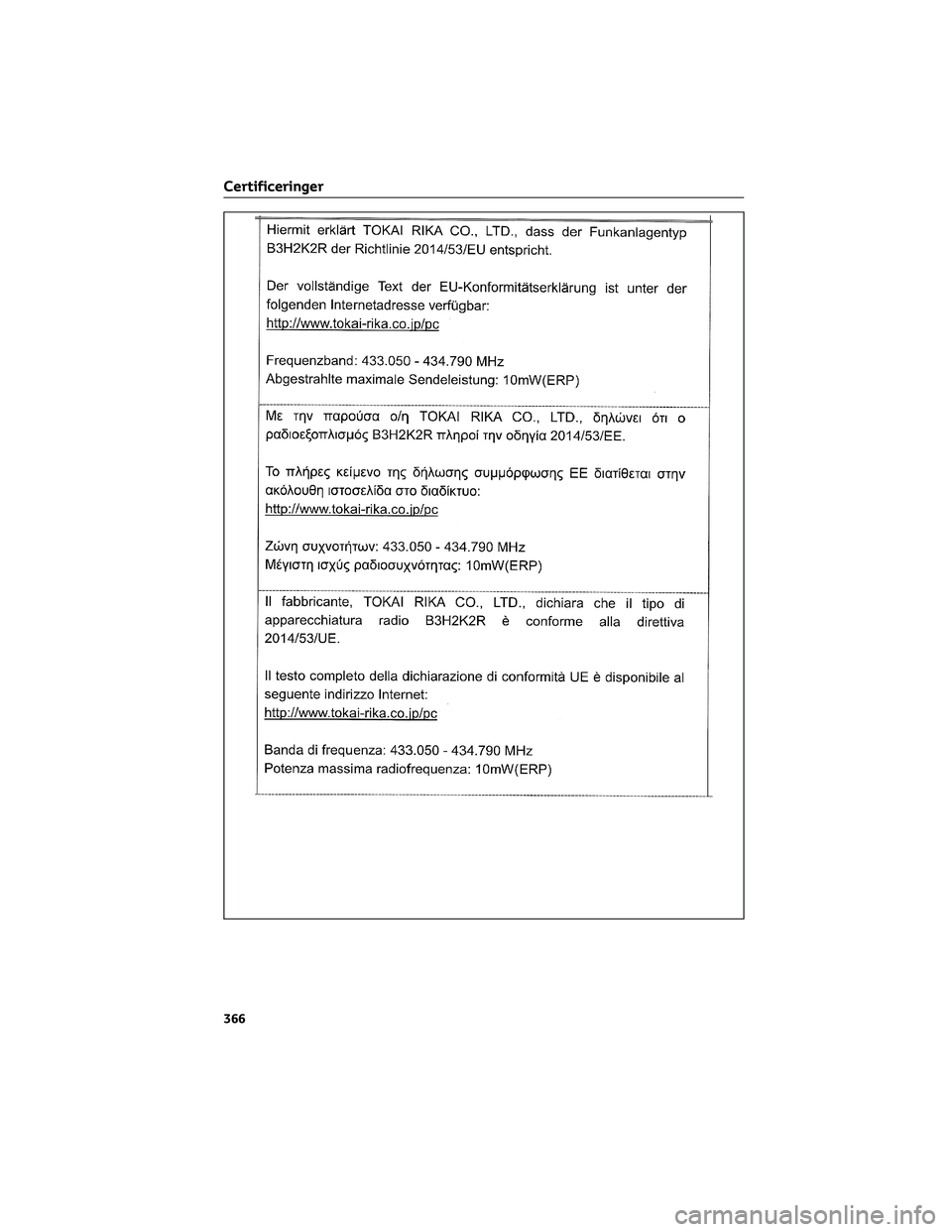 TOYOTA AYGO X 2022  Brugsanvisning (in Danish) Certificeringer
366 