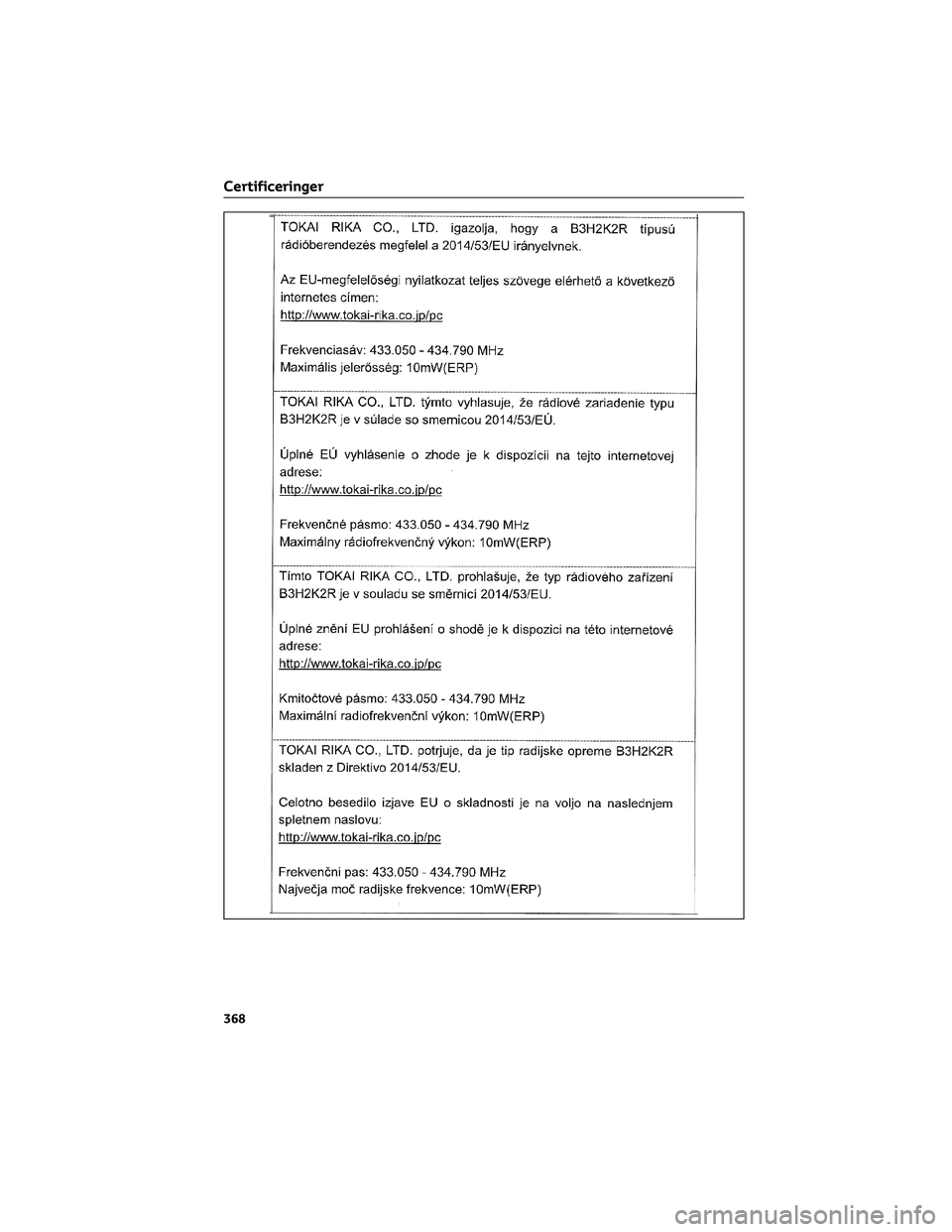 TOYOTA AYGO X 2022  Brugsanvisning (in Danish) Certificeringer
368 