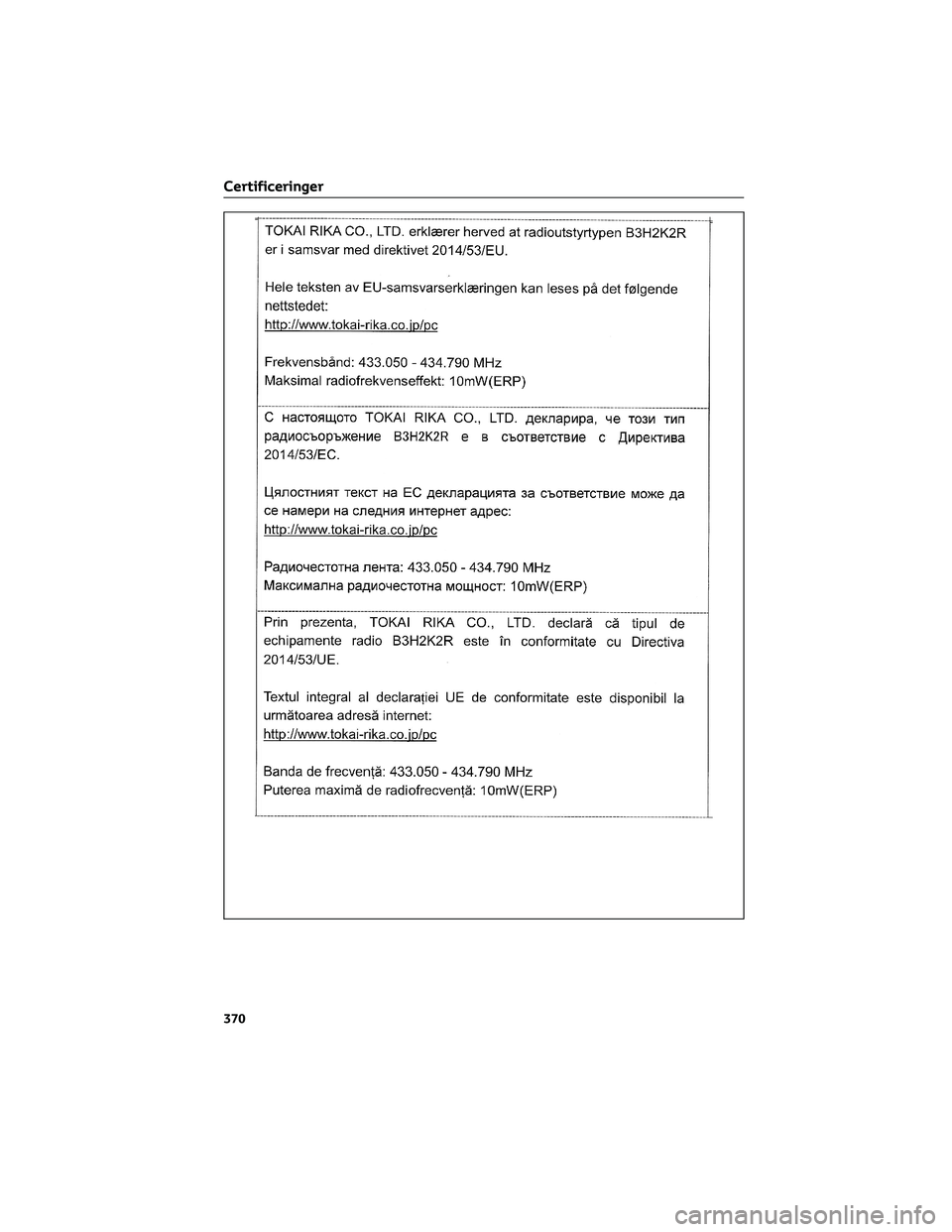 TOYOTA AYGO X 2022  Brugsanvisning (in Danish) Certificeringer
370 