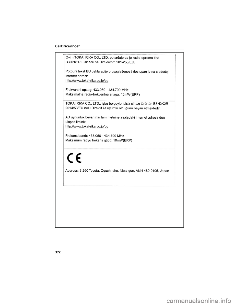 TOYOTA AYGO X 2022  Brugsanvisning (in Danish) Certificeringer
372 