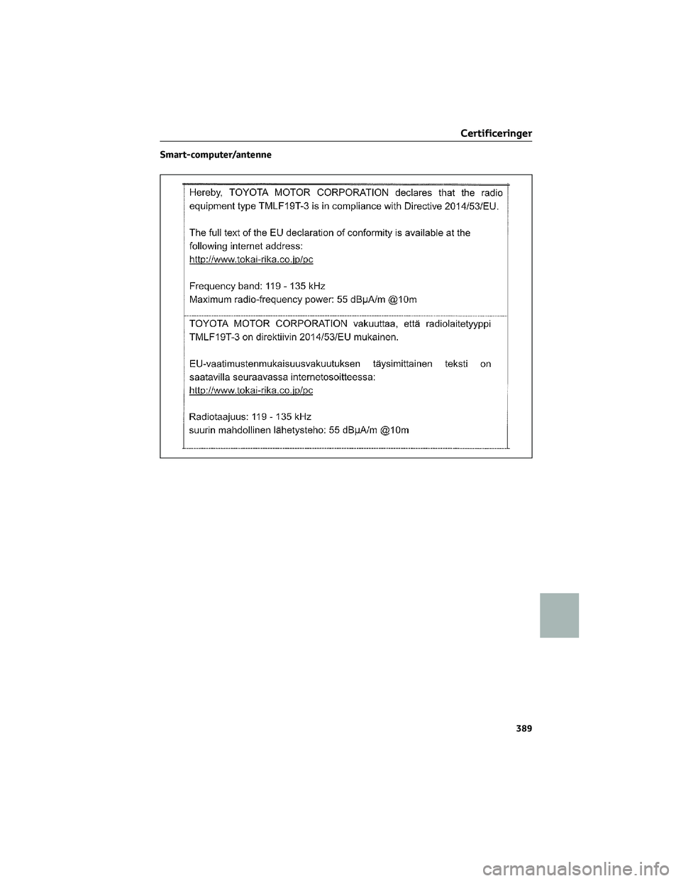 TOYOTA AYGO X 2022  Brugsanvisning (in Danish) Smart-computer/antenne
Certificeringer
389 
