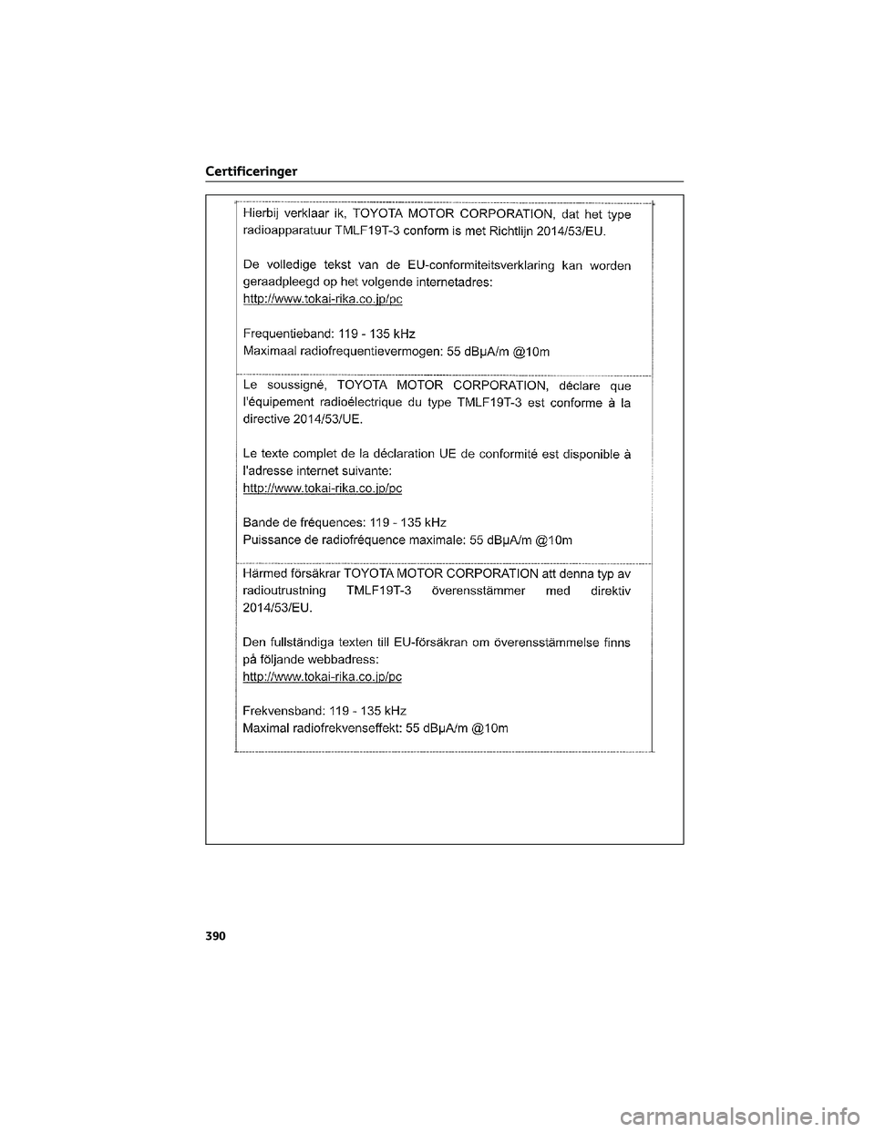TOYOTA AYGO X 2022  Brugsanvisning (in Danish) Certificeringer
390 