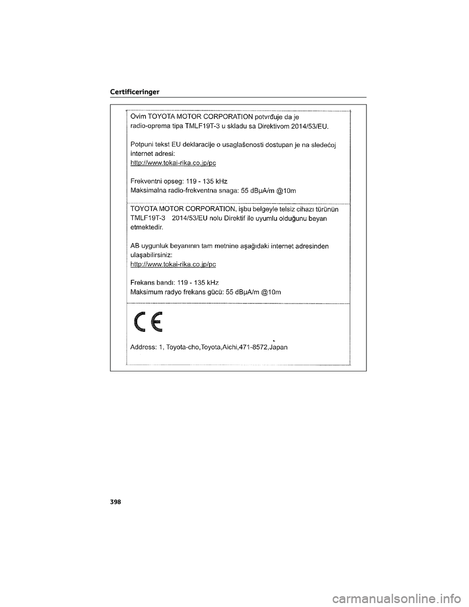 TOYOTA AYGO X 2022  Brugsanvisning (in Danish) Certificeringer
398 