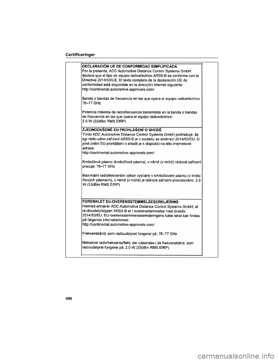 TOYOTA AYGO X 2022  Brugsanvisning (in Danish) Certificeringer
400 