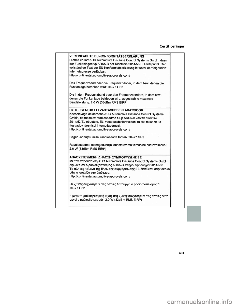 TOYOTA AYGO X 2022  Brugsanvisning (in Danish) Certificeringer
401 