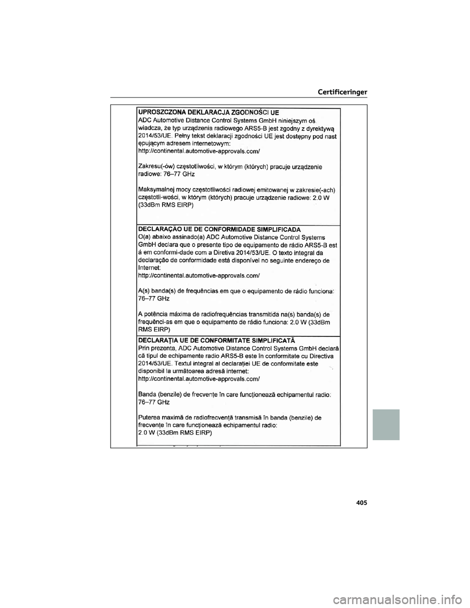 TOYOTA AYGO X 2022  Brugsanvisning (in Danish) Certificeringer
405 
