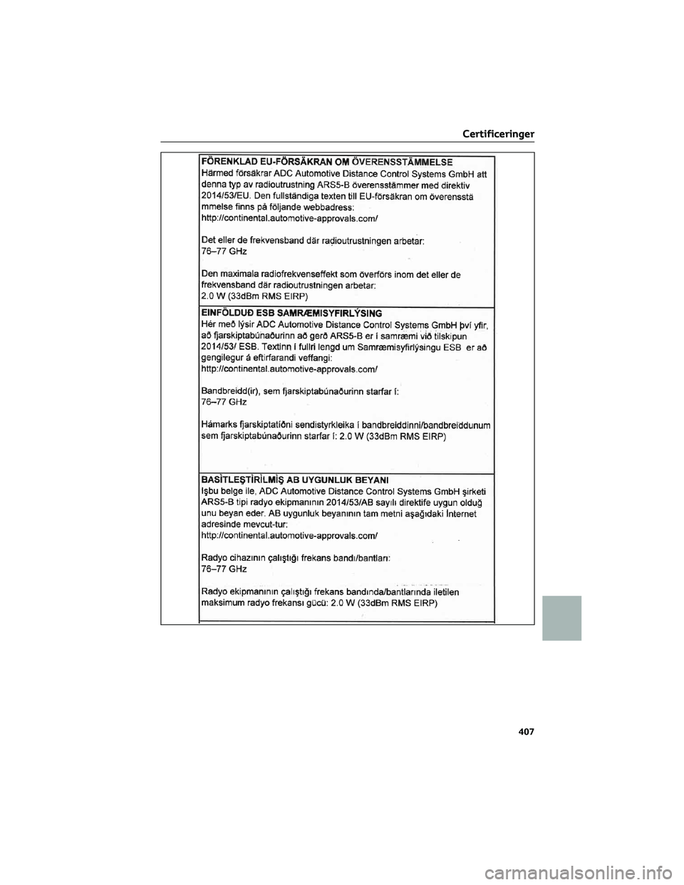 TOYOTA AYGO X 2022  Brugsanvisning (in Danish) Certificeringer
407 