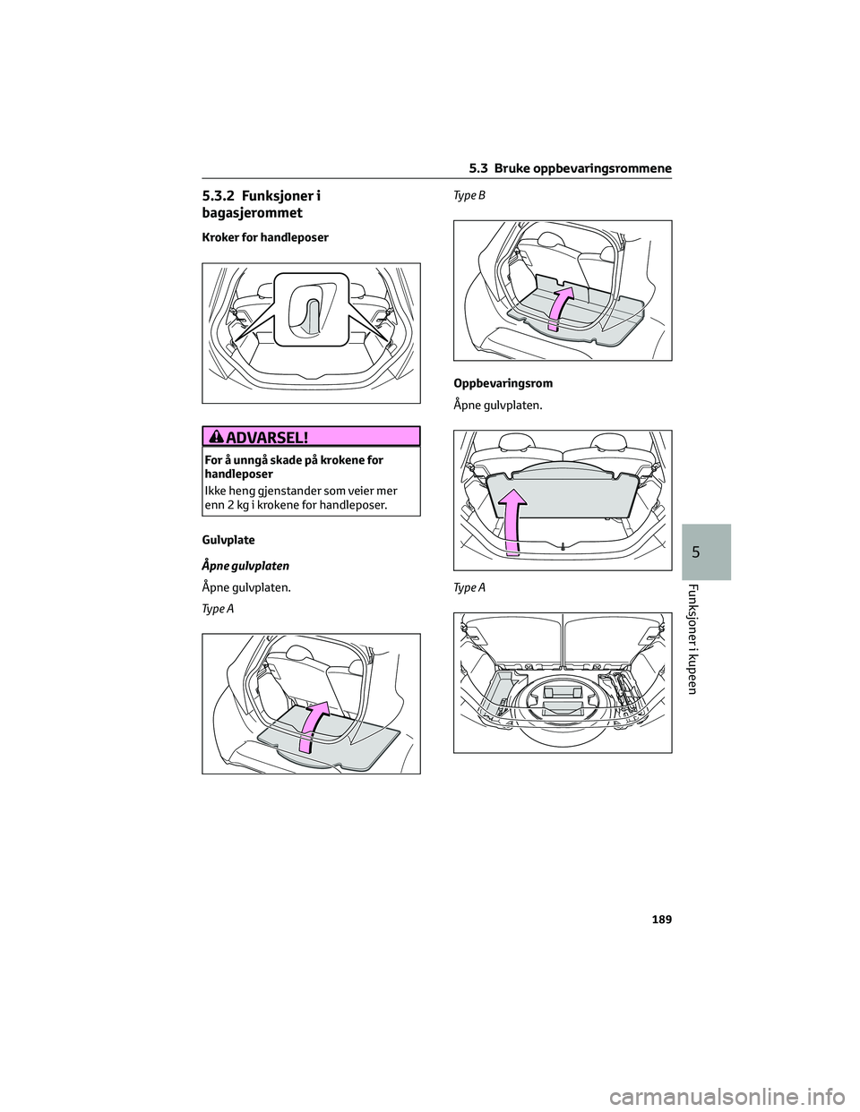 TOYOTA AYGO X 2022  Instruksjoner for bruk (in Norwegian) 5.3.2 Funksjoner i
bagasjerommet
Kroker for handleposer
ADVARSEL!
For å unngå skade på krokene for
handleposer
Ikke heng gjenstander som veier mer
enn 2 kg i krokene for handleposer.
Gulvplate
Åpn