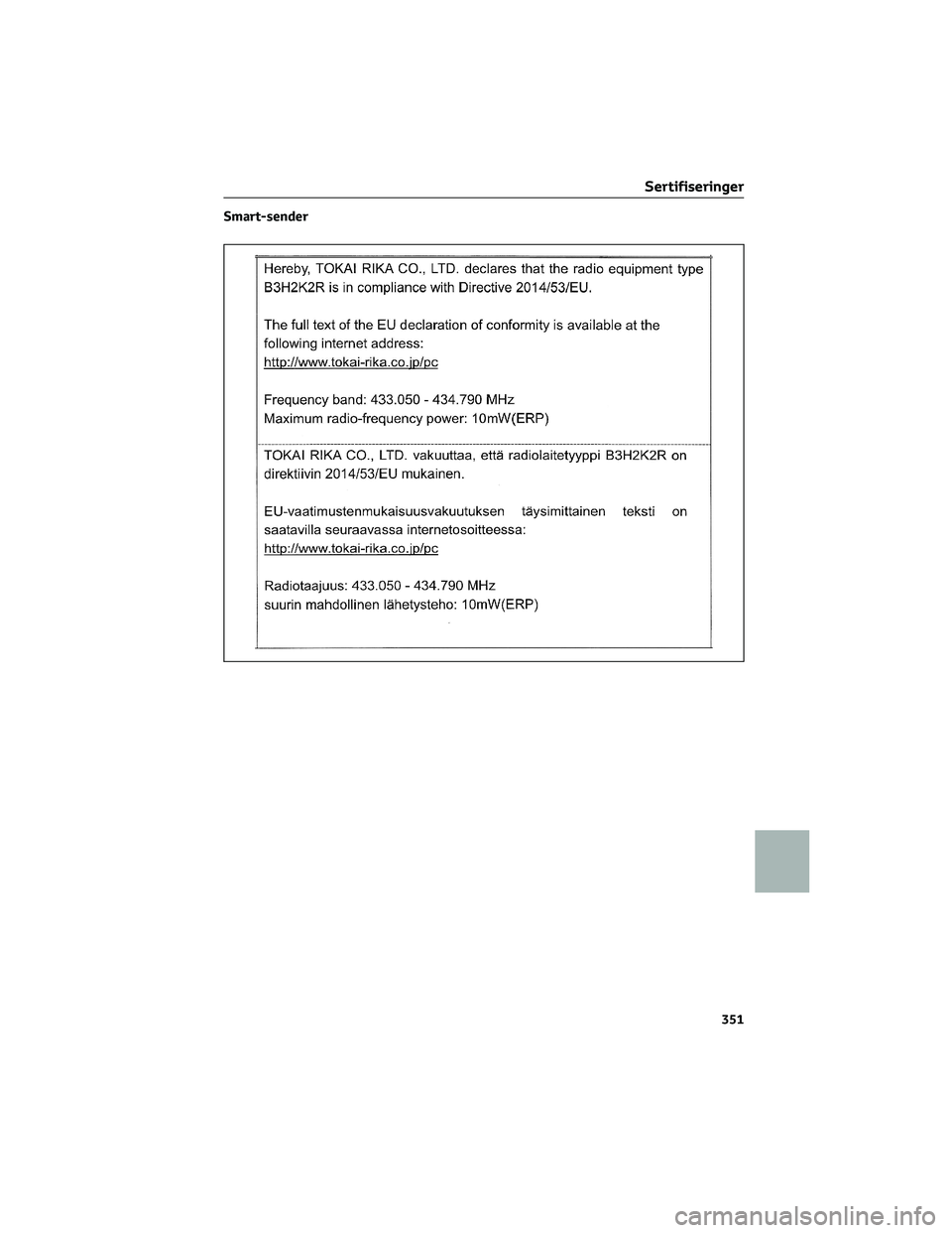 TOYOTA AYGO X 2022  Instruksjoner for bruk (in Norwegian) Smart-sender
Sertifiseringer
351 