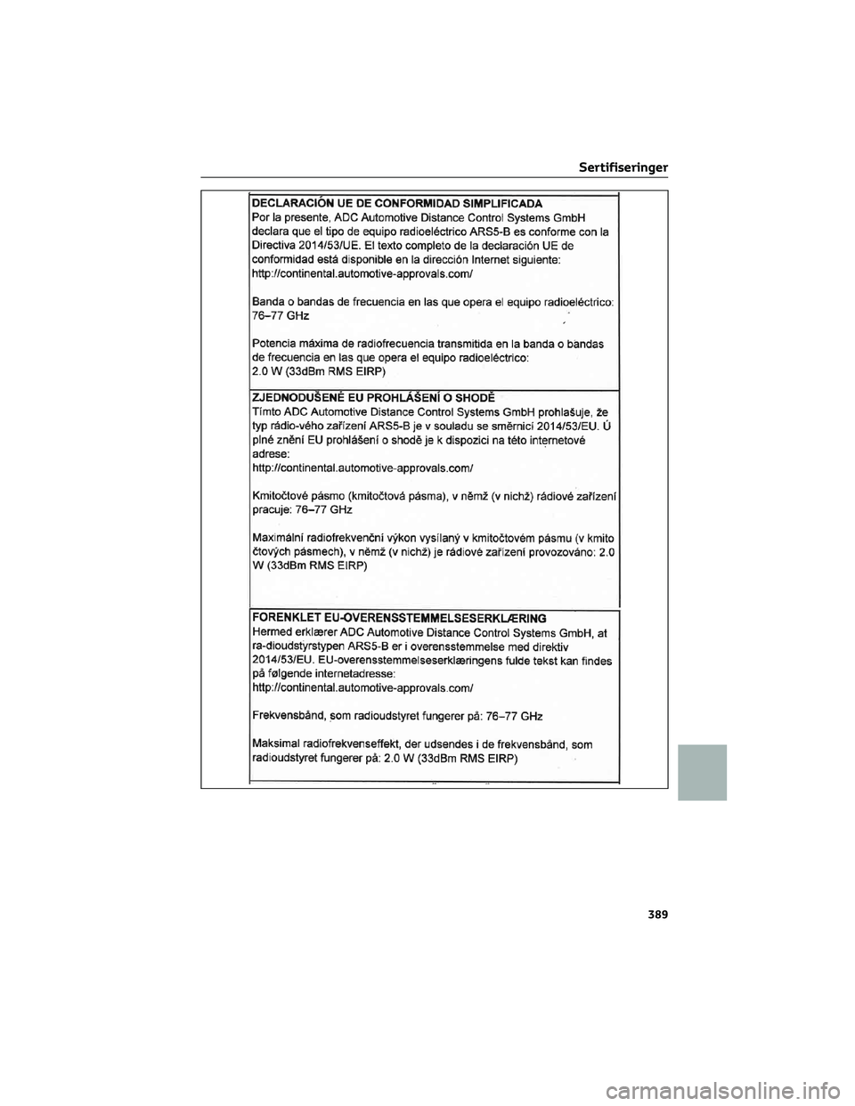 TOYOTA AYGO X 2022  Instruksjoner for bruk (in Norwegian) Sertifiseringer
389 